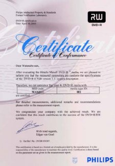 Maxells DVD+RW Certificate